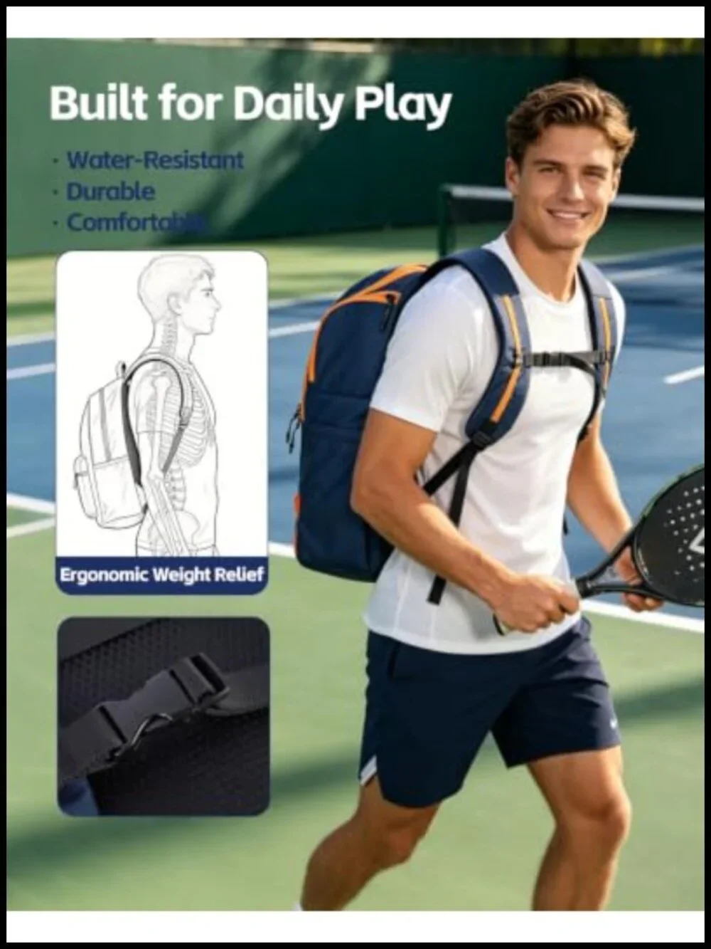 Pickleball Backpack with Detachable Paddle Sleeve, Large Capacity Sports Bag